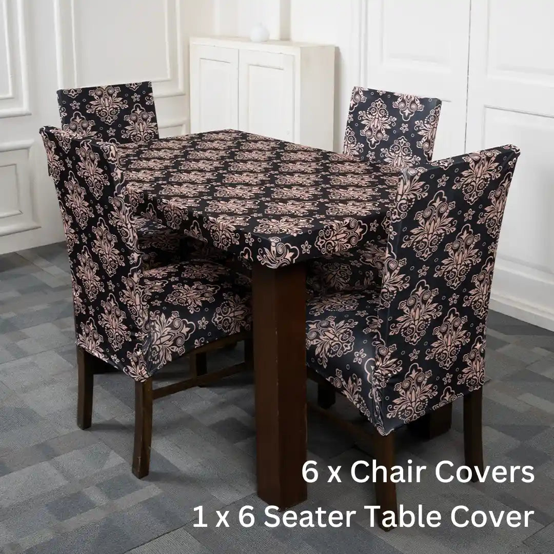 Beige Black Elastic 6 Seater Chair And Table Cover