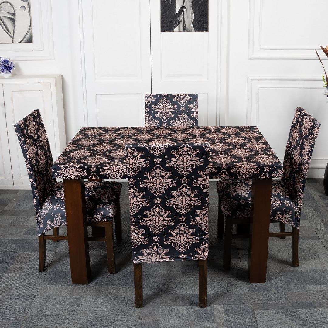 Beige Black Elastic Chair And Table Cover Set