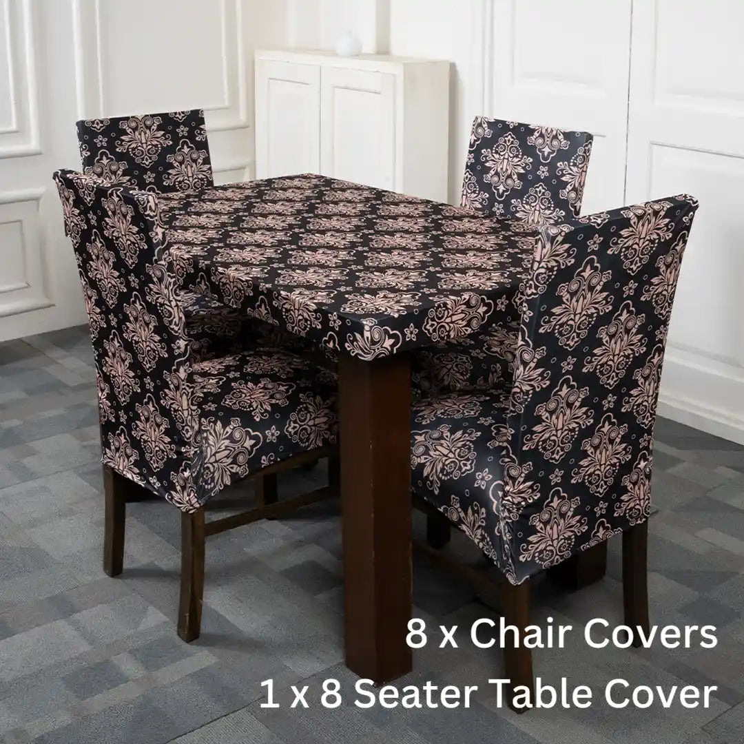 Beige Black Elastic 8 Seater Chair And Table Cover