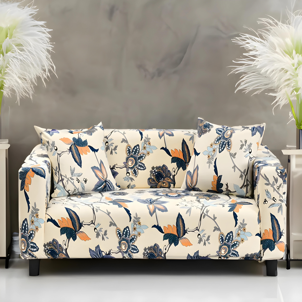 Beige Blue Flower Sofa Slipcovers