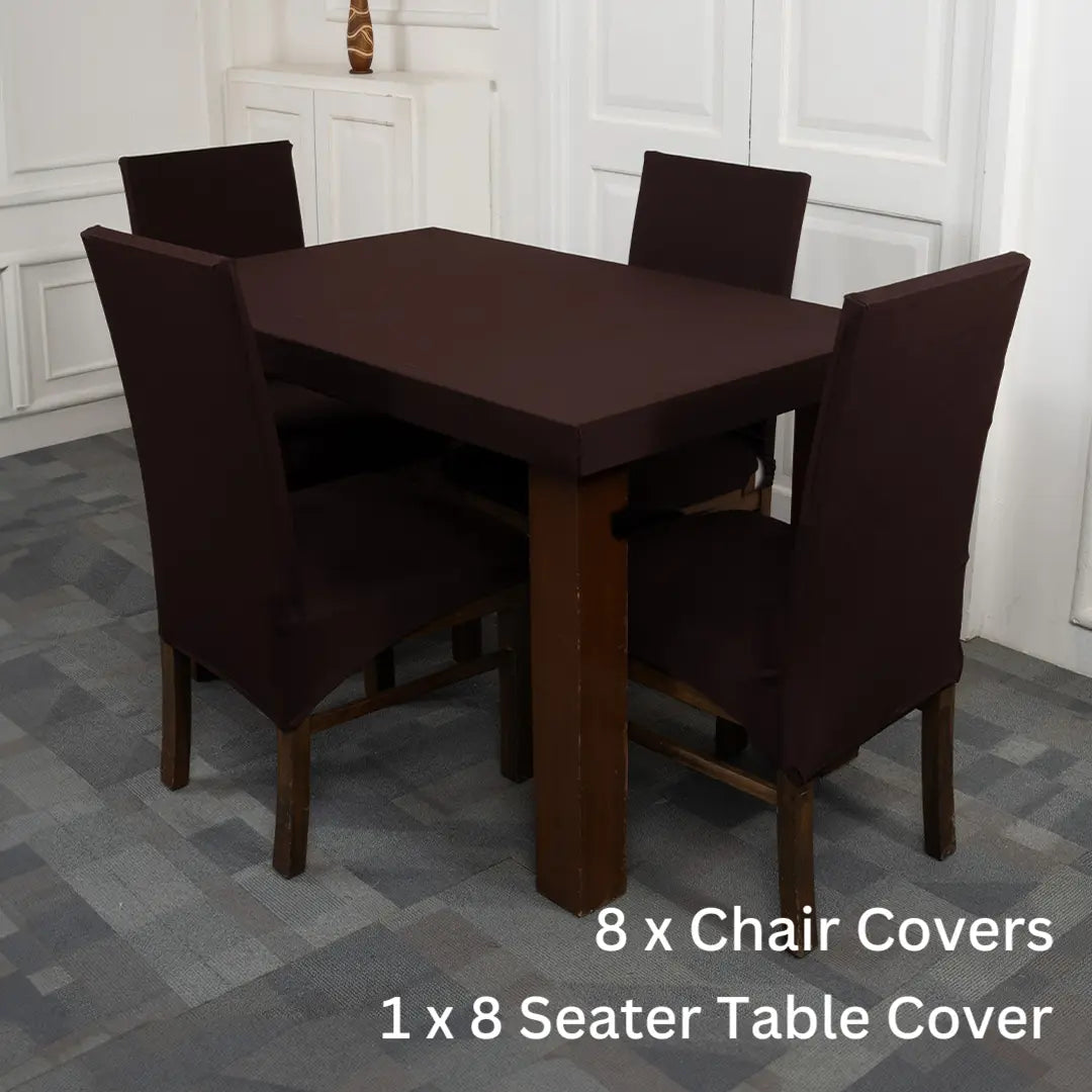  Brown Solid Elastic Chair & Table Cover Set